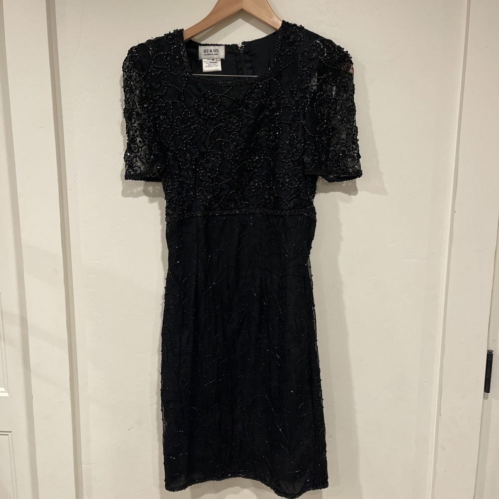VTG B2 & US Beaded Silk Dress Sz M Black Sequin Cocktail‎ Glam Repair AS IS - Picture 2 of 12
